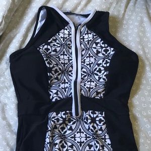 Black and White Zipper Front Swimsuit